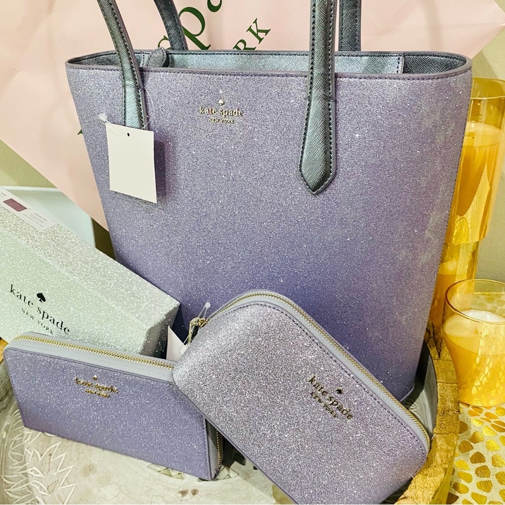 KATE SPADE TINSEL GLITTER TOTE WALLET AND COSMETIC BAG SET ONLY ONE LEFT! NWT - Picture 2 of 11